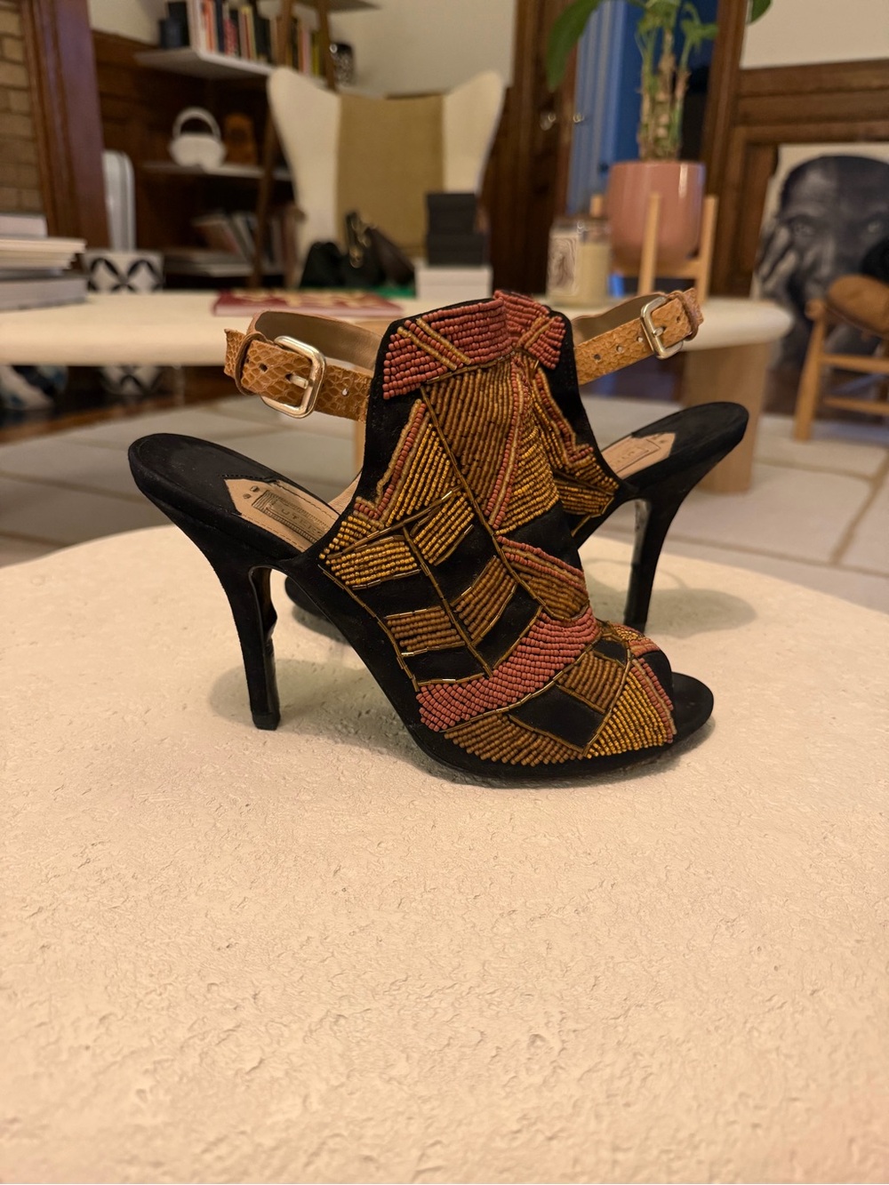 Uterque Black Heeled Sandals with Gold and Rust Beaded Detail - EU Size 39